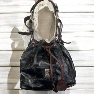 Dooney & Bourke Croc Embossed Leather Drawstring Shoulder Bag-Brown 10”W x 10”H